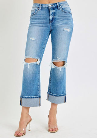 Risen Distressed Straight Cuff Jeans