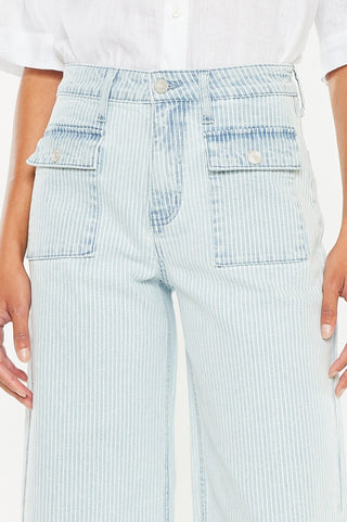 Crop length, wide length jeans, patch pocket, pinstripe pant. 