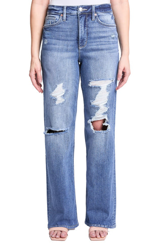 A pair of women's wide leg jeans with a light wash and distressed details on the legs. The jeans appear to be made of a blend of cotton, polyester, and spandex fabrics.