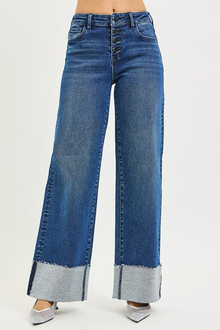 Blue wide-leg jeans on a white background