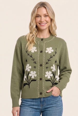 Olive Floral Embroidered Knit Cardigan