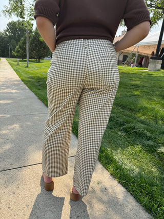 A person viewed from behind wearing high-waisted, wide-leg trousers in a beige and green gingham pattern, paired with a brown short-sleeve top and brown shoes, standing on a concrete path outdoors.