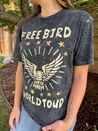 A person wearing a dark gray acid-wash graphic t-shirt with a distressed eagle design and the text 'FREE BIRD WORLD TOUR'.