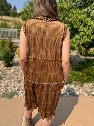 A woman viewed from behind wearing a sleeveless brown pleated dress outdoors on a paved walkway with greenery in the background.