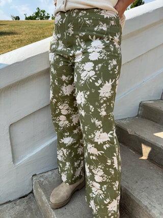 Angled view of olive floral straight-leg pants | V-Rae's Boutique