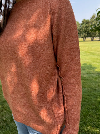 A person outdoors wearing a heathered rust-orange knit sweater, with dappled sunlight and a grassy park background visible.