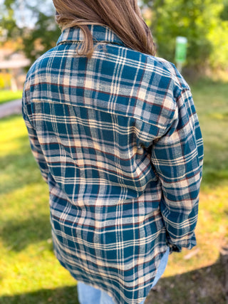 A person viewed from behind wearing a long-sleeve plaid flannel shirt in teal blue, cream, and white, standing outdoors on a grassy lawn.