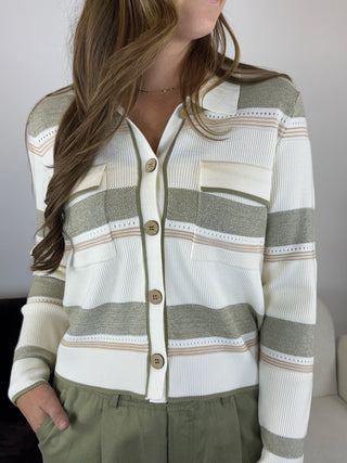 Tribal Striped Pointelle Knit Polo Cardigan