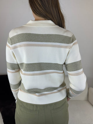 A woman viewed from behind wearing a ribbed knit sweater with horizontal stripes in off-white, sage green, and tan, paired with olive green pants.