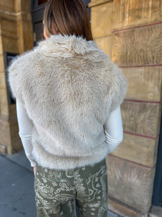 A person viewed from behind wearing a fluffy faux-fur vest over a white long-sleeve top and olive green patterned pants, standing outdoors against a tan stone building.