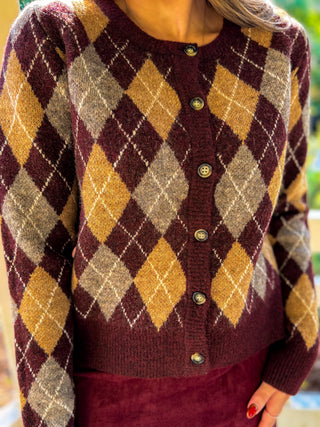 A close-up of a person wearing a fuzzy knit cardigan with an argyle pattern in burgundy, mustard yellow, taupe, and cream, paired with a burgundy skirt.