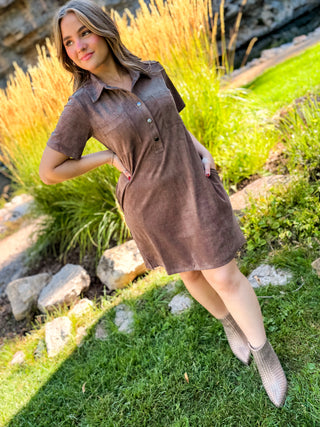A woman wearing a brown short-sleeve button-front shirt dress stands outdoors on grass with rocks and tall ornamental grass in the background.