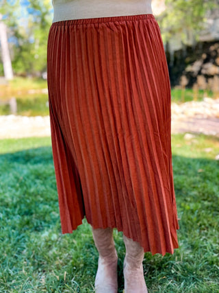 A rust-orange pleated midi skirt worn outdoors on a grassy lawn, shown from the waist down with a beige top and light-colored slip-on shoes visible.