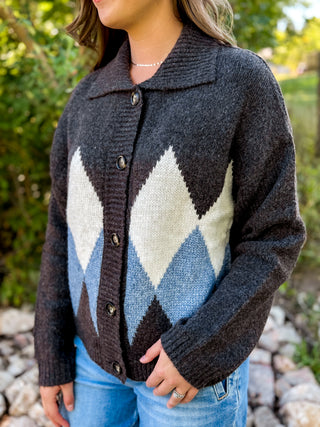 A woman wearing a dark charcoal gray knit cardigan with an argyle pattern in cream, light blue, and dark brown, paired with blue jeans, set against a blurred outdoor background of green foliage and rocks.