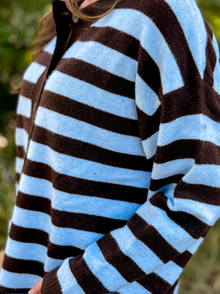 A close-up of a person wearing a fuzzy knit long-sleeve top with bold horizontal stripes in light blue and dark brown, photographed outdoors with blurred green foliage in the background.
