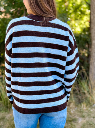 A person viewed from behind wearing a knit sweater with horizontal light blue and dark brown stripes, paired with light blue jeans, outdoors with blurred green foliage in the background.