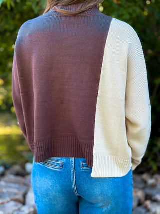 A person viewed from behind wearing a ribbed knit sweater with a color-block design: the back panel is muted mauve-brown and the sleeve is cream, paired with blue jeans outdoors against a blurred green background.