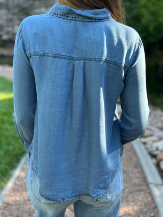 Back view of a chambray button-down shirt with pleated yoke | V-Rae's Boutique