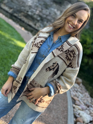 Cream and brown Aztec horse print cardigan with shawl collar | V-Rae's Boutique