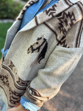Close-up of the knit horse and Aztec pattern on a cream cardigan | V-Rae's Boutique