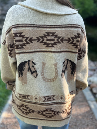 Back view of an Aztec cardigan with horses and horseshoe design | V-Rae's Boutique