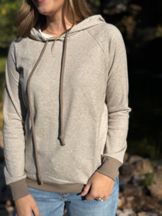 Taupe micro-striped raglan pullover hoodie with jeans | V-Rae's Boutique