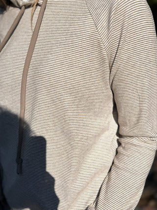 Close-up of the micro-stripe knit on a taupe raglan hoodie | V-Rae's Boutique