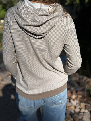 Back view of a taupe micro-striped raglan pullover hoodie | V-Rae's Boutique