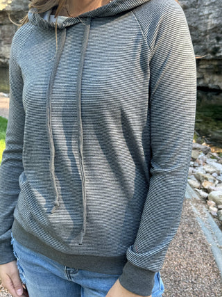 Sage gray micro-striped raglan hoodie with drawstrings | V-Rae's Boutique