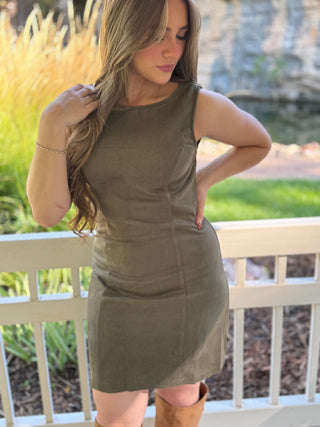 Olive faux suede mini dress with a fitted, seamed silhouette | V-Rae's Boutique