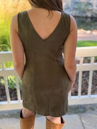Back view of an olive faux suede mini dress with V back | V-Rae's Boutique