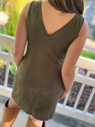 V-back and zipper detail on an olive faux suede mini dress | V-Rae's Boutique