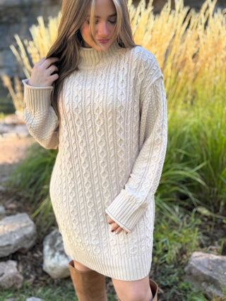 Oatmeal cable knit sweater dress with mock neck and long sleeves | V-Rae's Boutique