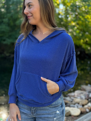 Side view of a royal blue ribbed long-sleeve hoodie | V-Rae's Boutique
