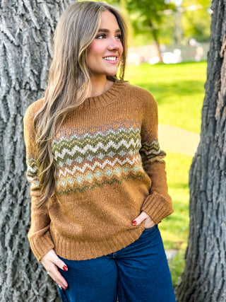 Camel chevron knit sweater with green, cream and blue fair isle band | V-Rae's Boutique