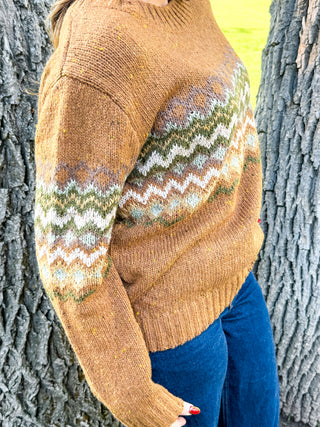 Side view of a camel fair isle chevron knit sweater | V-Rae's Boutique