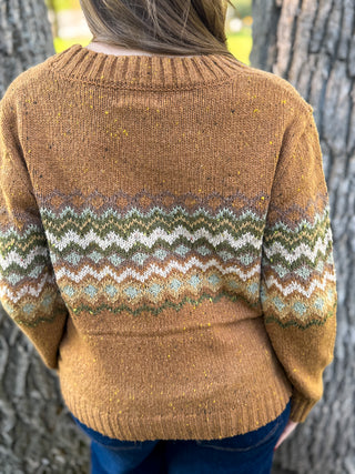 Back view of a camel fair isle chevron knit sweater | V-Rae's Boutique