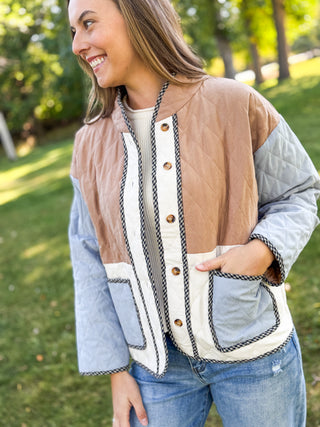 Colorblock quilted jacket with gingham trim and patch pockets worn open | V-Rae's Boutique