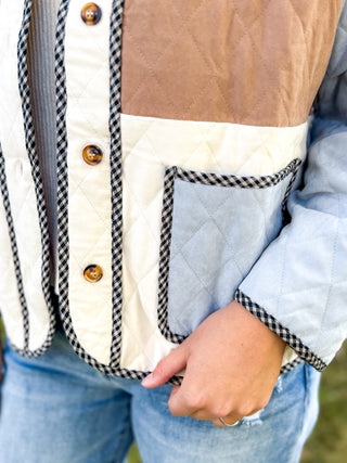 Detail of the chambray patch pocket on a quilted gingham trim jacket | V-Rae's Boutique