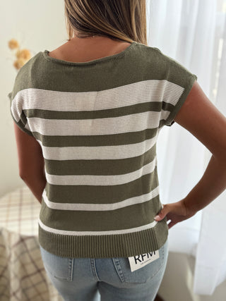 Person wearing a green and white striped sweater with 'RFV' branding.
