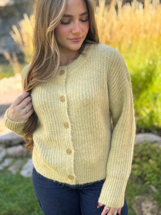 Light olive chunky ribbed knit cardigan with wood-tone buttons | V-Rae's Boutique