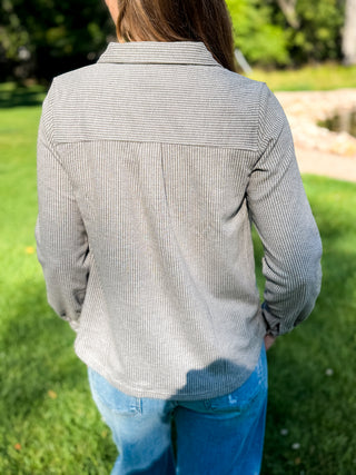 Back view of a gray pinstripe button-front shacket | V-Rae's Boutique