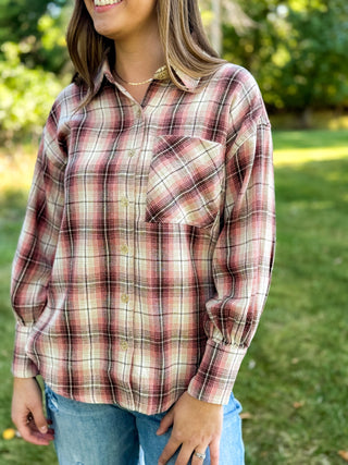 Close-up of a rose plaid flannel shirt with chest pocket and button cuffs | V-Rae's Boutique