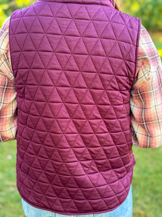 Back view of a wine quilted puffer vest showing the triangle stitch pattern | V-Rae's Boutique