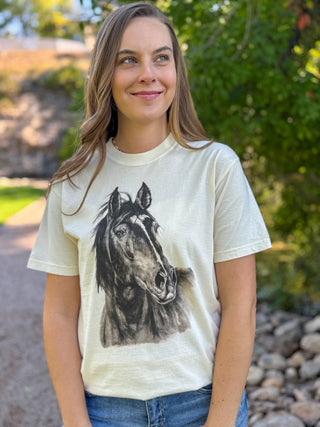 Cream horse print graphic tee worn with jeans | V-Rae's Boutique