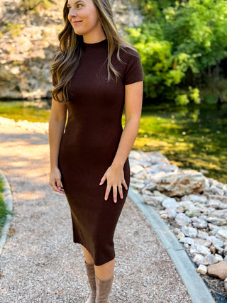 Side angle of a fitted brown ribbed knit midi dress | V-Rae's Boutique
