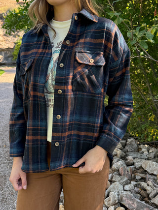 Navy and orange plaid shacket with button flap chest pockets | V-Rae's Boutique