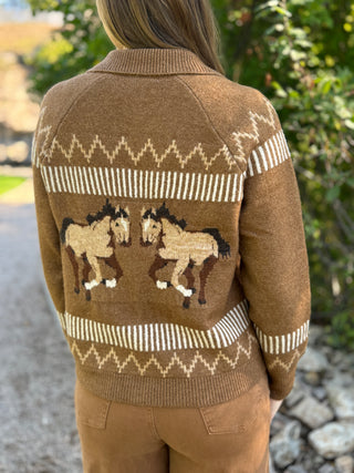 Back view of a brown horse print cardigan with zigzag and stripe detail | V-Rae's Boutique