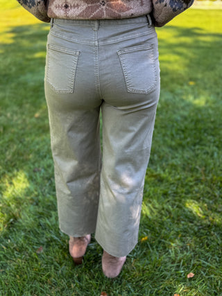 Back view of sage green high rise wide leg button-fly pants | V-Rae's Boutique