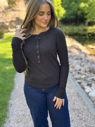 Charcoal long sleeve ribbed henley top with button placket | V-Rae's Boutique